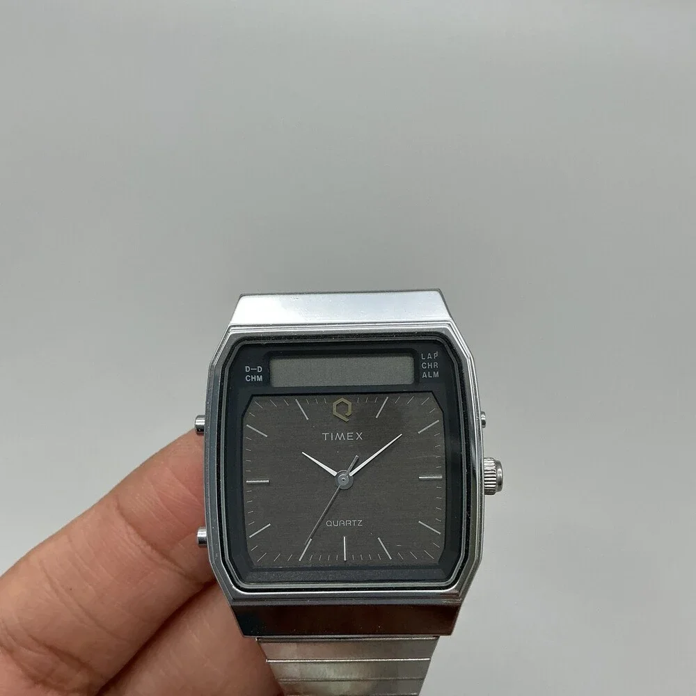 Vintage Timex Mens Watch 30mm Gray Stainless Analog LCD For Parts Not Running